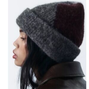 NWT Zara Colorblocked Mohair Blend Beanie Medium Burgundy‎ Gray Soft Brushed
